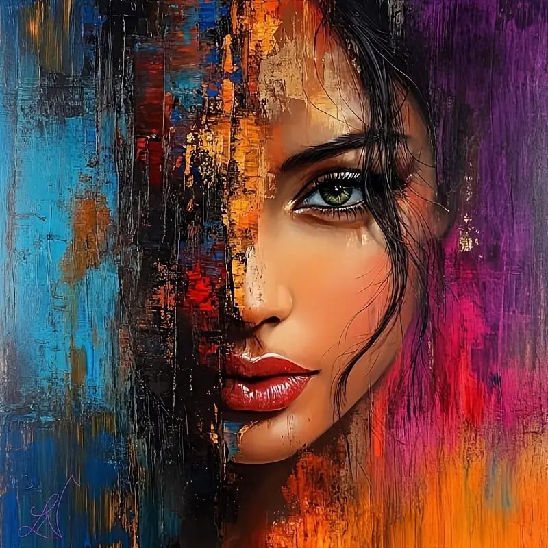 Colorful abstract portrait showing half of a woman's face with vivid paint textures