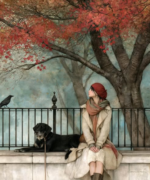 Woman in a red hat sitting beside a black dog under an autumn tree, with a bird on the railing.