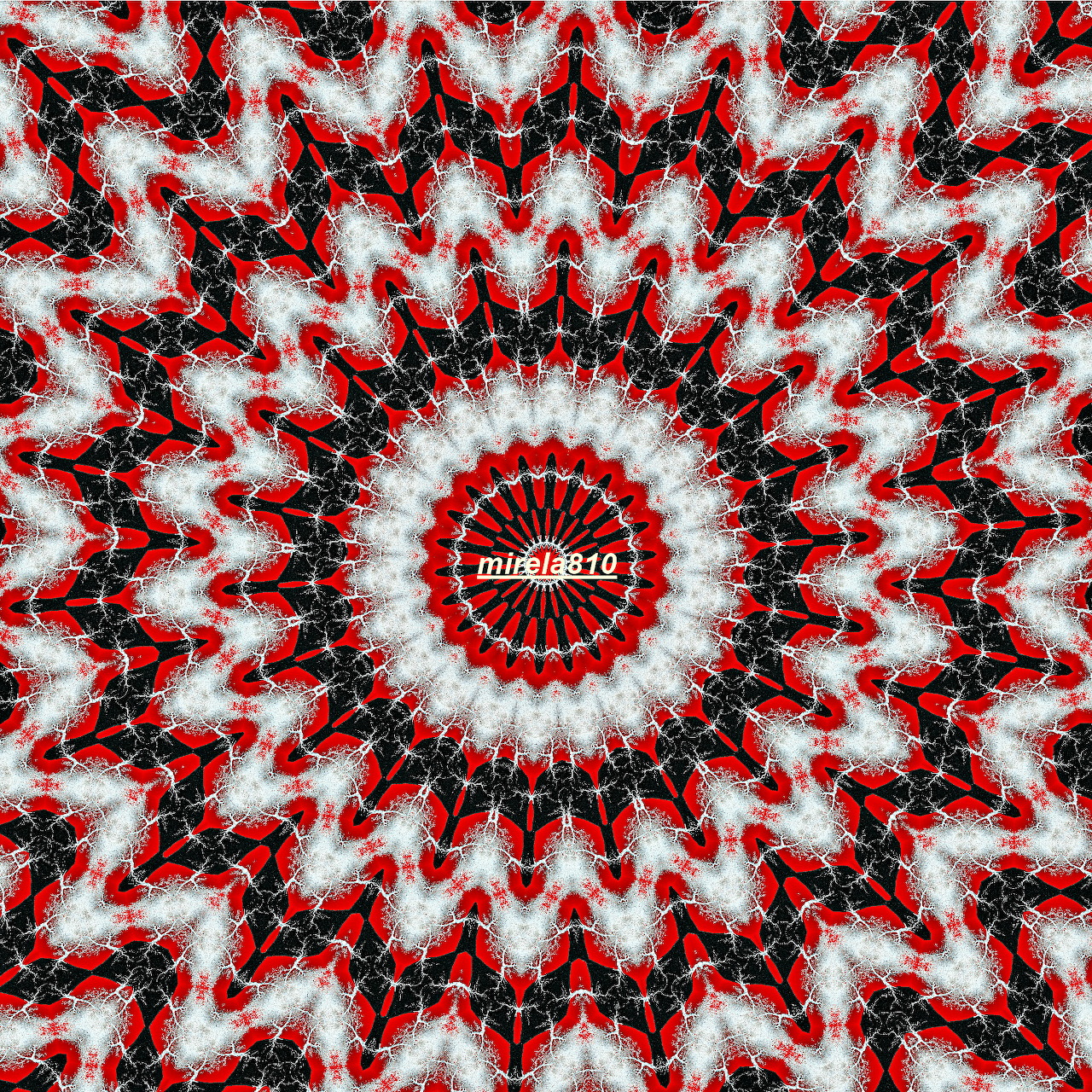 Symmetrical mandala pattern in red, black and white with radiating geometric shapes