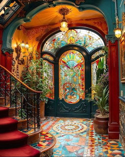Ornate art nouveau hallway with stained glass doors, mosaic floor, red staircase, and hanging lanterns