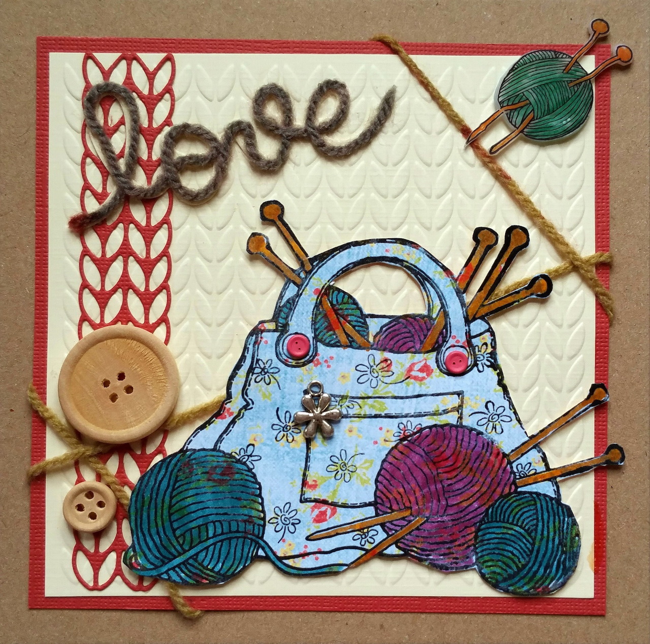 Illustration of knitting supplies including yarn balls, needles, and a floral bag with decorative buttons and love text