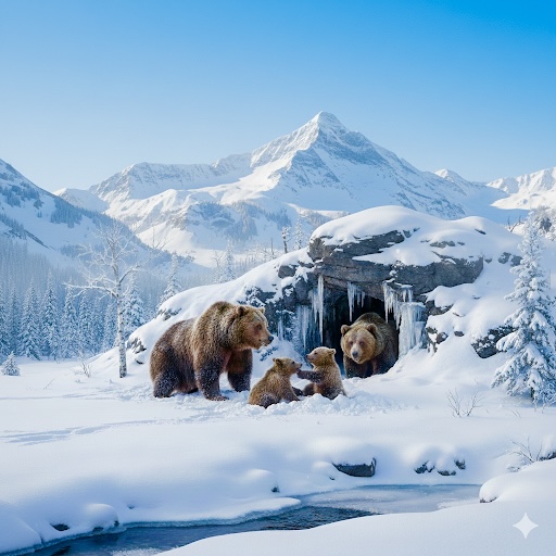 Three brown bears beside a snowy cave with mountains and forest in winter