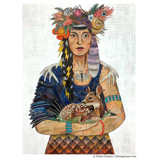 Woman in traditional dress with flower crown holding a young spotted deer