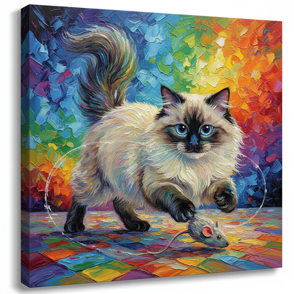Colorful painting of a Birman cat with blue eyes on rainbow mosaic tiles with swirling background