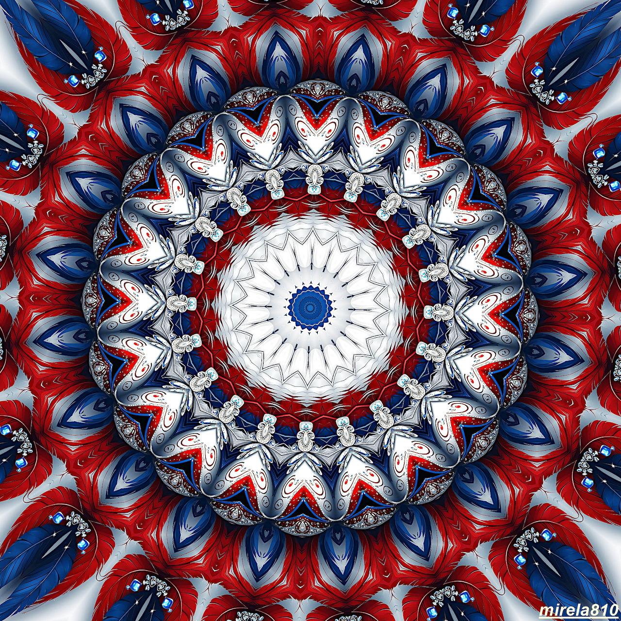 Symmetrical mandala with red, white, and blue geometric patterns in concentric circles