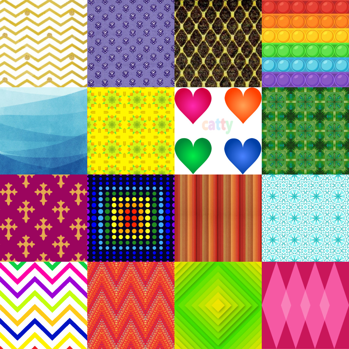 Grid of 20 colorful squares with various geometric patterns including chevrons, dots, hearts, and stripes