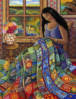 Illustration of a woman sewing a colorful patchwork quilt by a window with nature scene outside