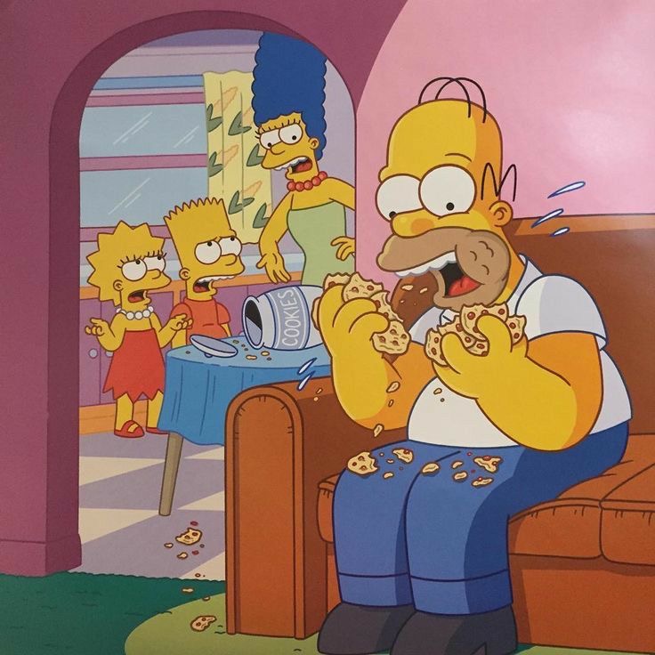 Homer Simpson sitting on couch eating donuts with family members in background