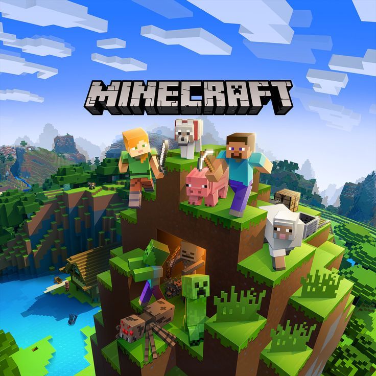 Minecraft characters and animals on a grassy block hill in a pixelated landscape
