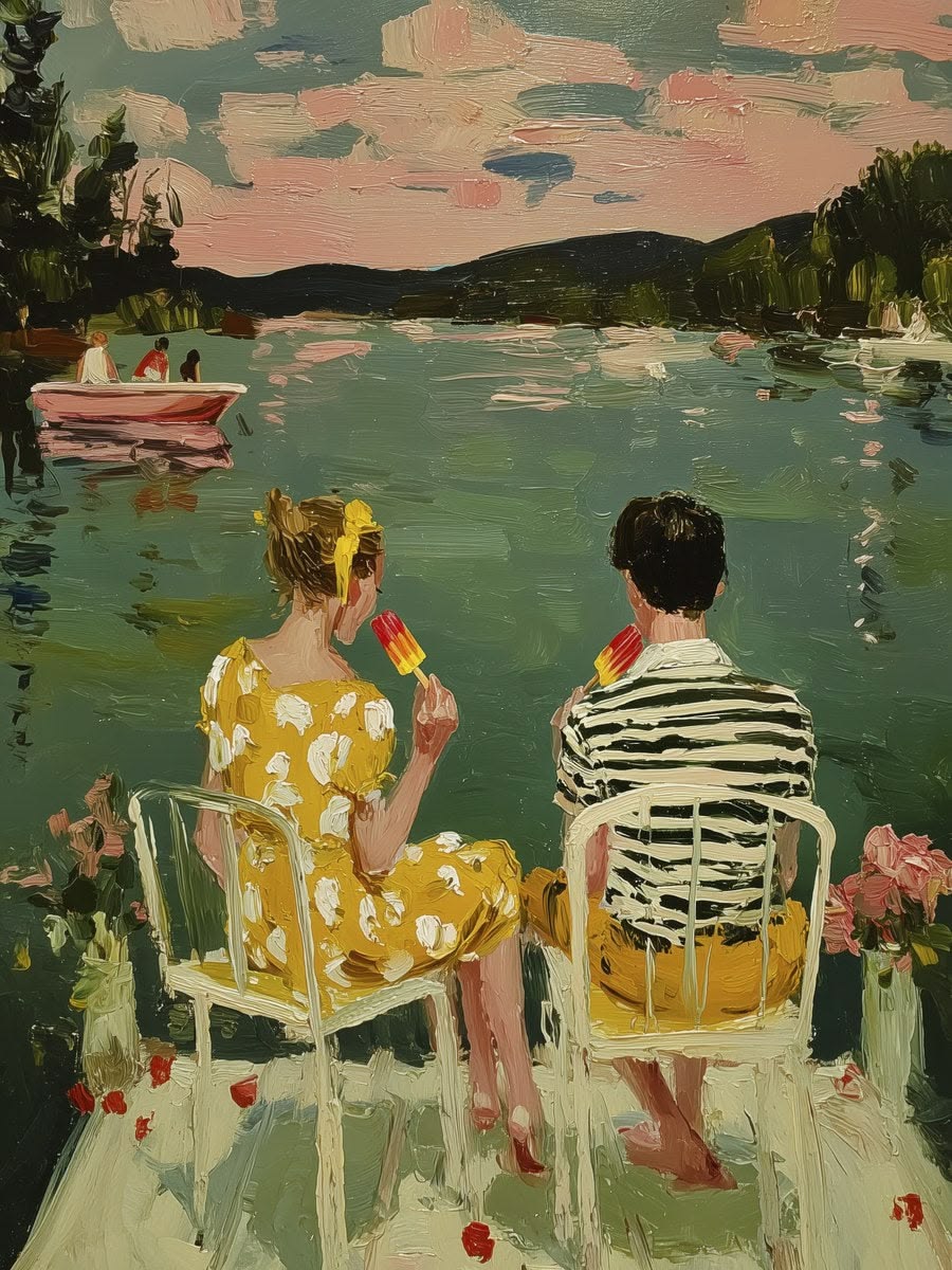 Painting of two women sitting by a lake on yellow chairs, one holding a popsicle, with a pink boat on the water