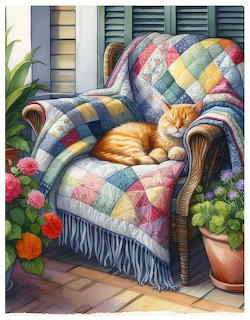 Orange cat sleeping on colorful patchwork quilt covering armchair on front porch with potted plants