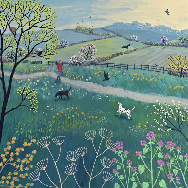 Painting of two people walking dogs on a path through a spring meadow with flowers and rolling hills