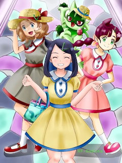Four Pokemon anime girls shopping together in a bright mall with bags and happy expressions