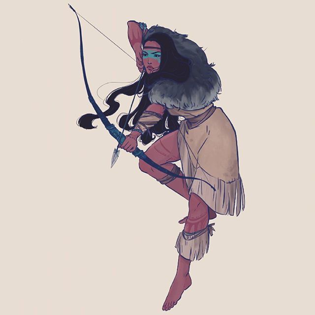 Illustration of an indigenous woman crouching with a bow and arrow on a plain background