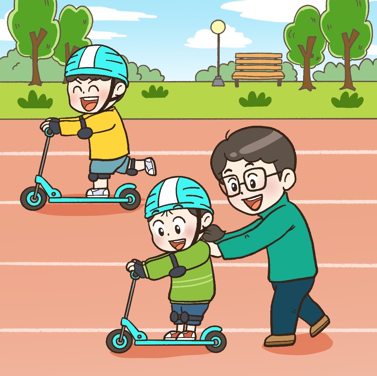 Cartoon father helping child on scooter while another child rides ahead in park