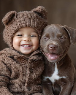 Smiling baby in brown knitted bear hat hugging brown and white puppy