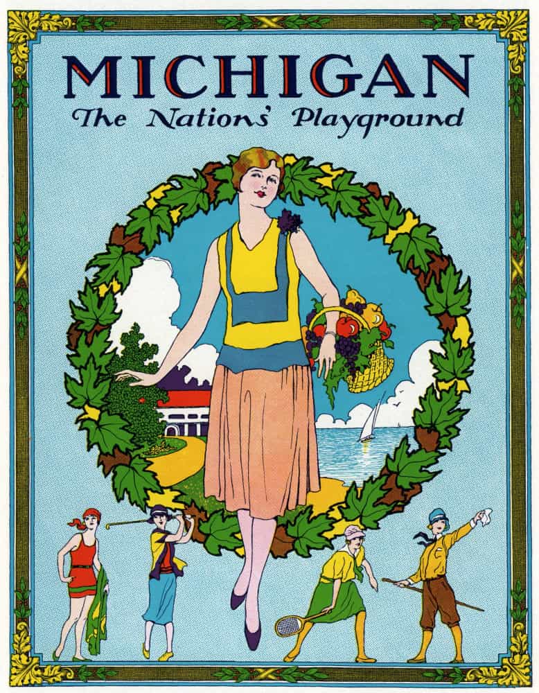 Vintage Michigan tourism poster with woman holding fruit basket, recreational scenes, and decorative wreath border