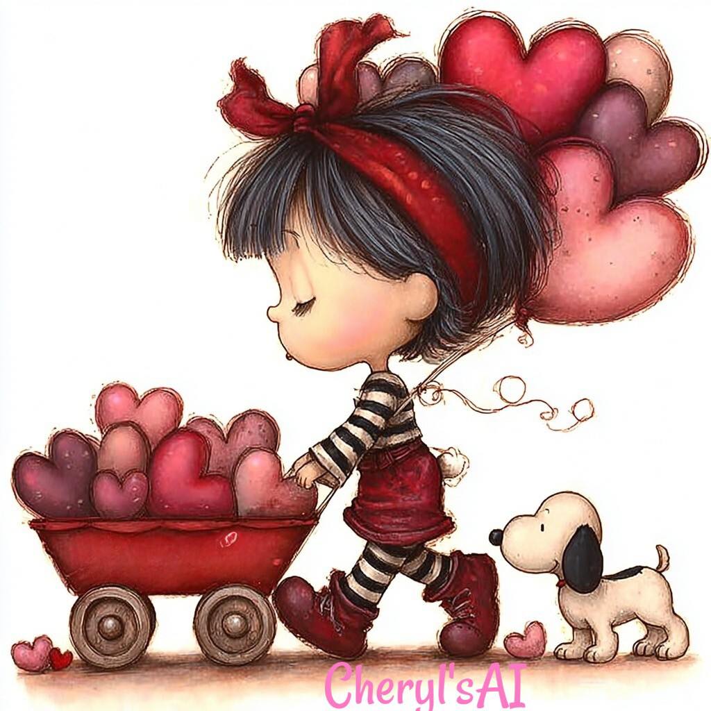 Cute illustration of girl with heart balloons pulling wagon of hearts with puppy