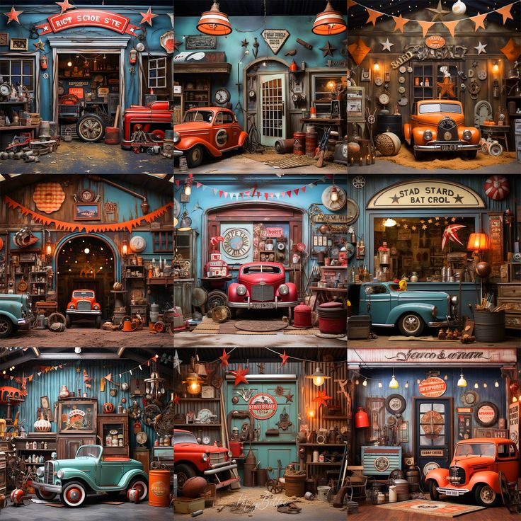 Collage of nine vintage mechanic garage diorama scenes with classic cars, tools, and retro signs