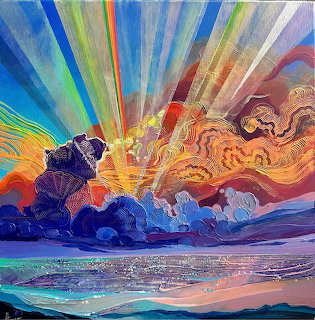 Colorful painting of sunset with radiating light beams over ocean waves and cloudy sky