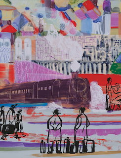 Colorful illustration of silhouetted travelers with luggage watching a steam train at a station with abstract collage background