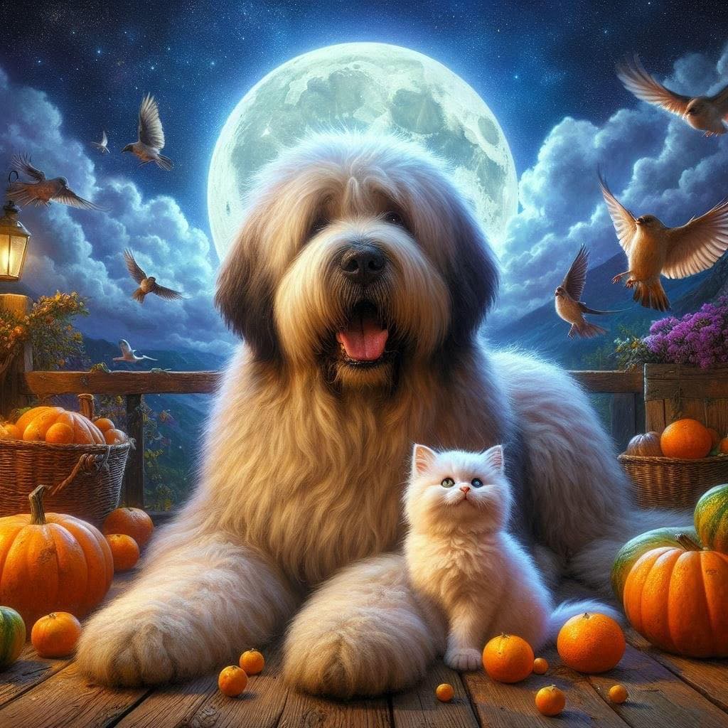 Shaggy dog and white kitten under full moon with pumpkins and owls in starry night sky