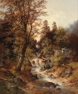 Oil painting of a woodland stream flowing past a small watermill among autumn-colored trees
