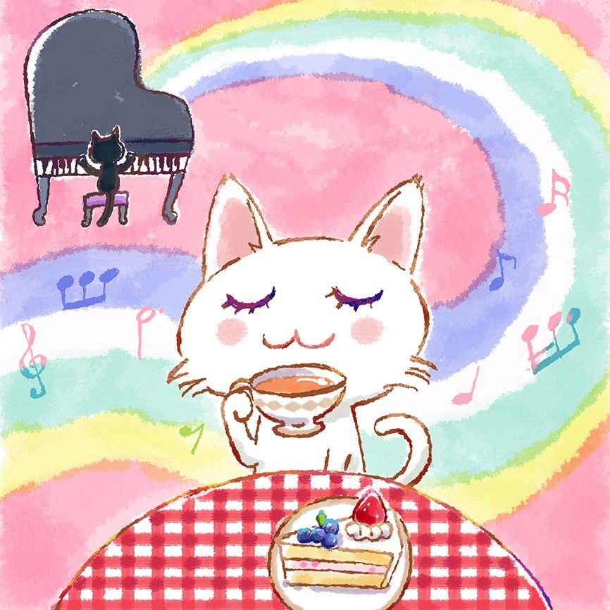 Illustration of a white cat drinking tea at a checkered table with cake and a rainbow background