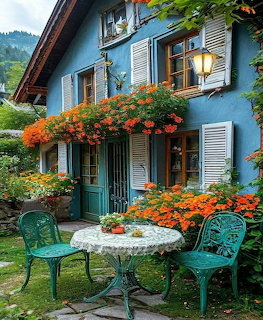 Blue Vintage House with Flowers
