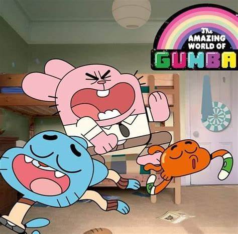 Gumball, Darwin, and Richard laughing in a cartoon bedroom