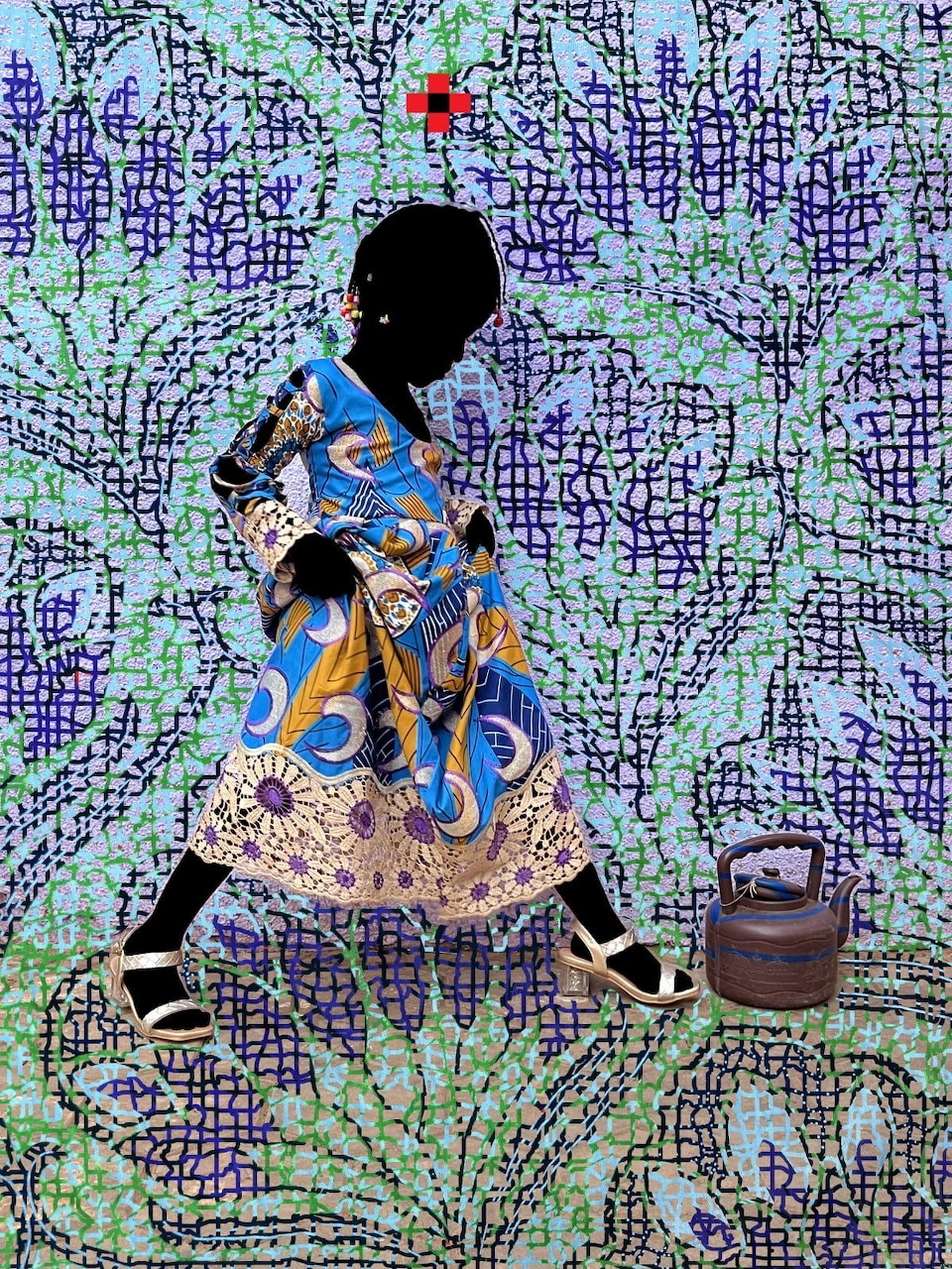 Painting of a silhouetted child in a colorful patterned dress walking beside a small basket