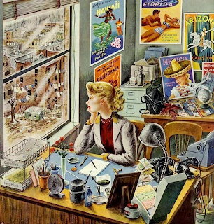 Vintage illustration of a woman at a cluttered desk looking out a window beside travel posters