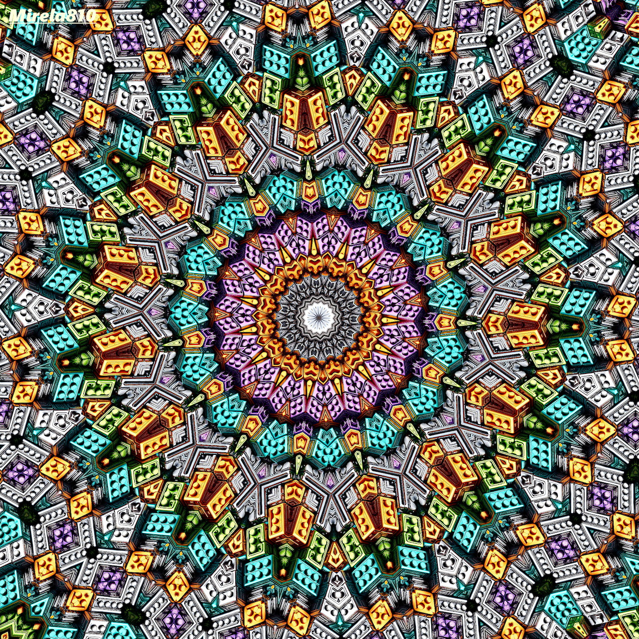 Intricate colorful mandala with geometric patterns radiating symmetrically from an ornate central medallion