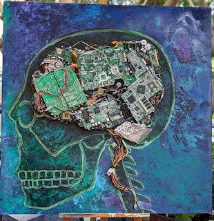 Painting of a skull profile with a brain formed by circuit boards on a blue background