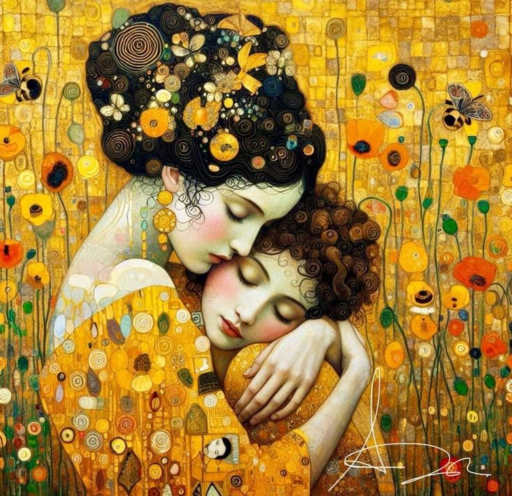 Painting of a mother holding a sleeping child amid golden floral patterns