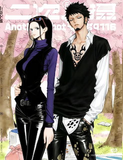 Two anime characters from One Piece in black outfits against pink striped background