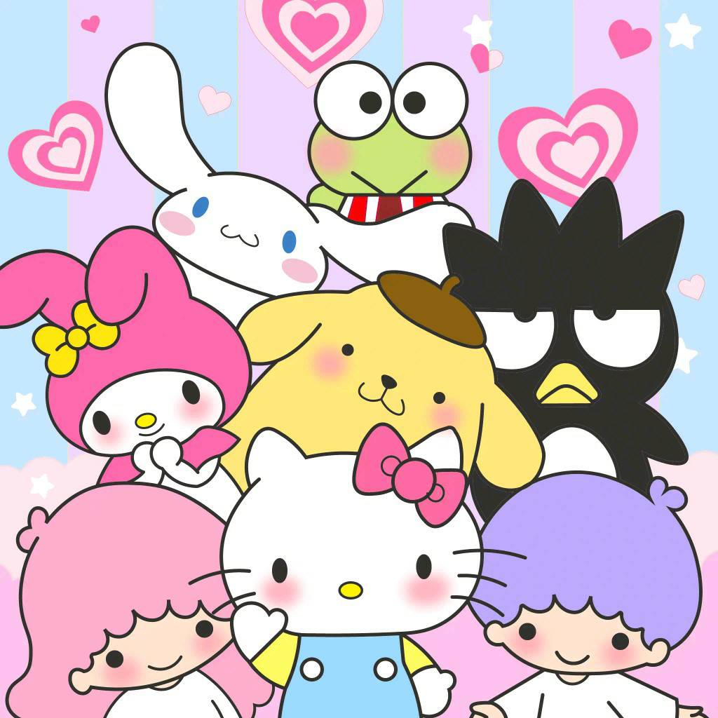 Cartoon illustration of Sanrio characters Hello Kitty, My Melody, Keroppi, Badtz-Maru and Little Twin Stars with hearts