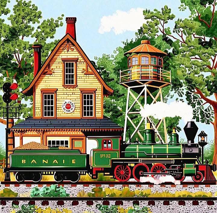 Folk art painting of green steam train at country station with yellow house and water tower