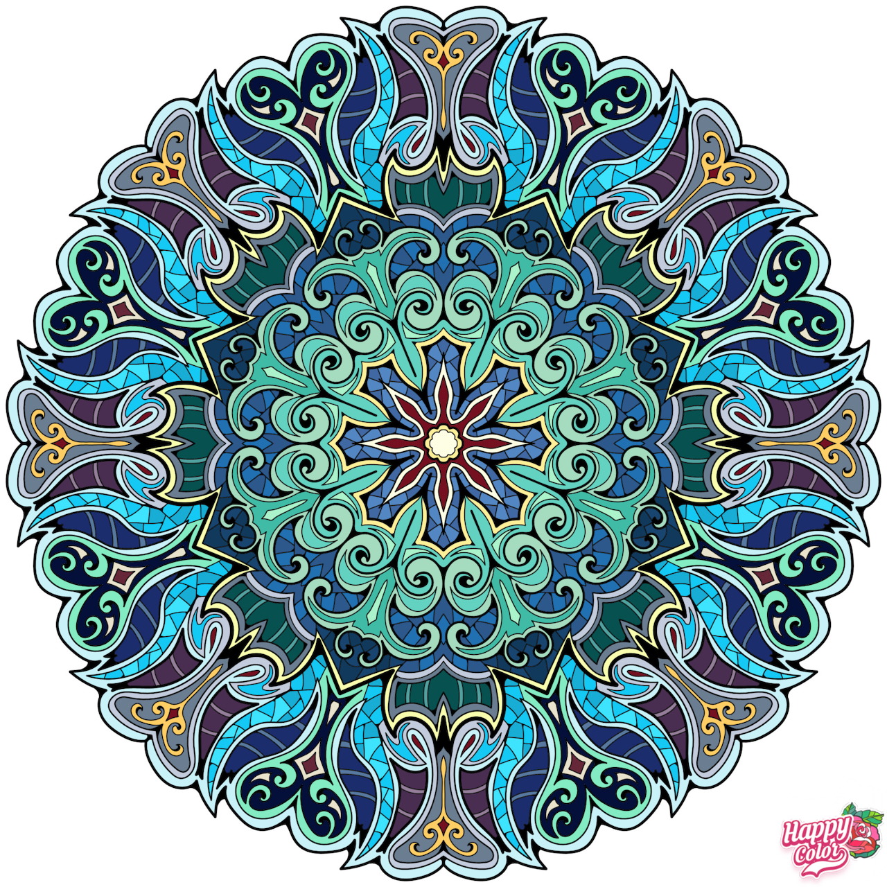 Ornate circular mandala with teal and turquoise symmetrical patterns on white background