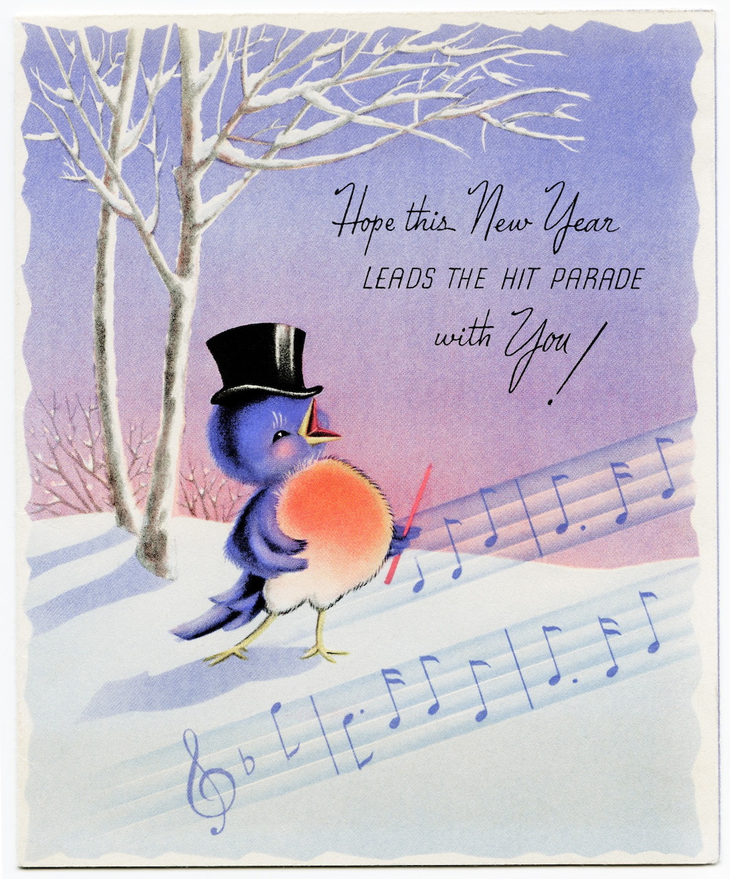 Vintage Happy New Year card with a singing bluebird on a branch