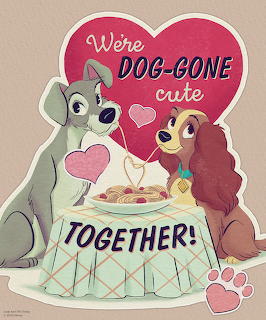 Cartoon dogs Lady and Tramp dining together with hearts and romantic message