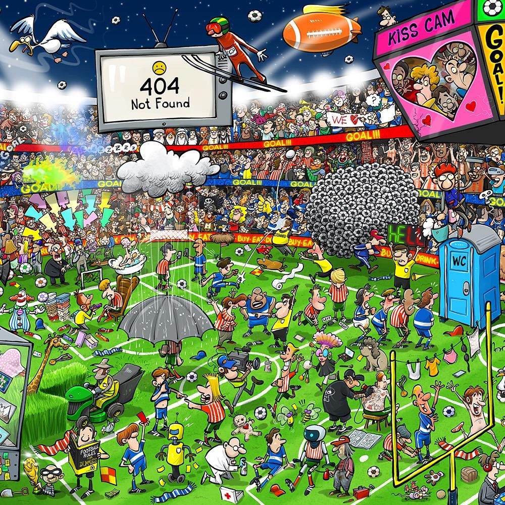 Crowded cartoon football stadium with hundreds of fans, players, and colorful details in a chaotic illustrated scene