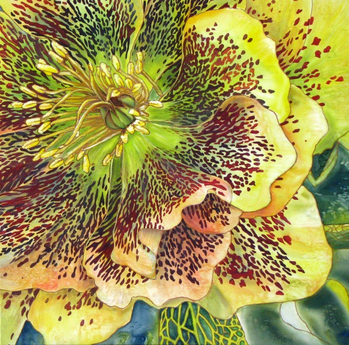 Close-up silk painting of yellow flower with burgundy freckled petals and green radiating center