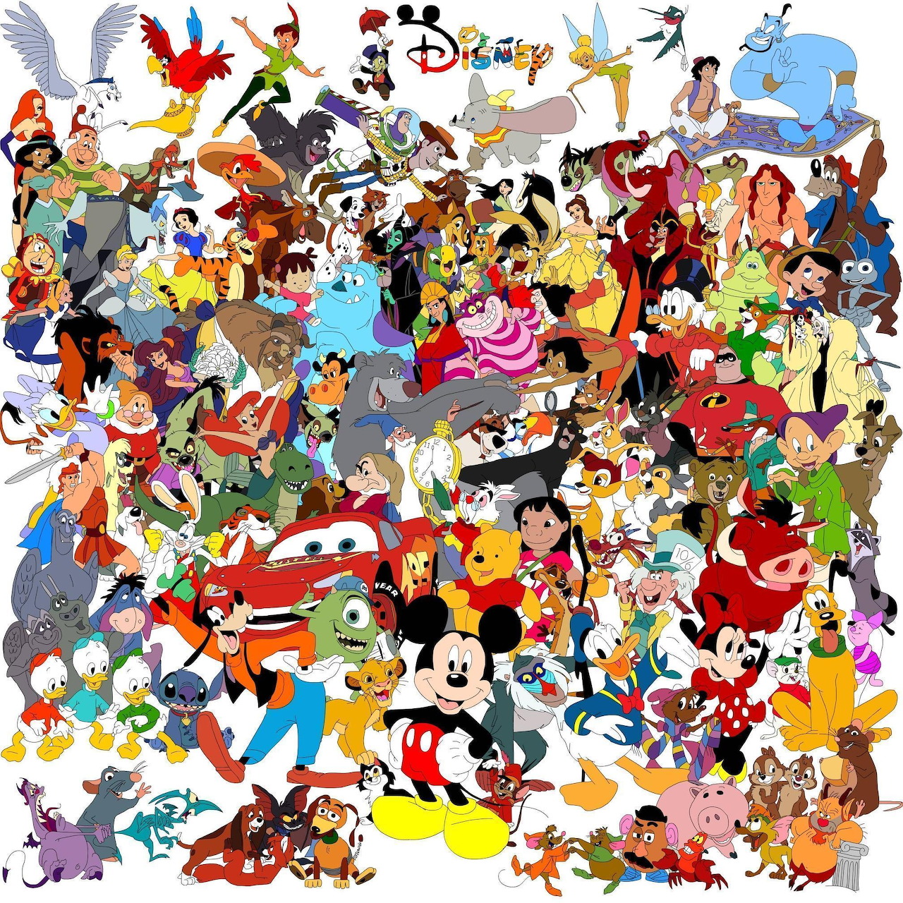 Crowded collage of hundreds of Disney and Pixar animated characters from various movies