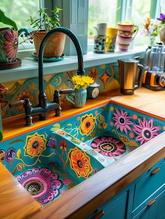 Hand-painted kitchen sink with colorful floral mandala patterns in turquoise cabinet with black faucet