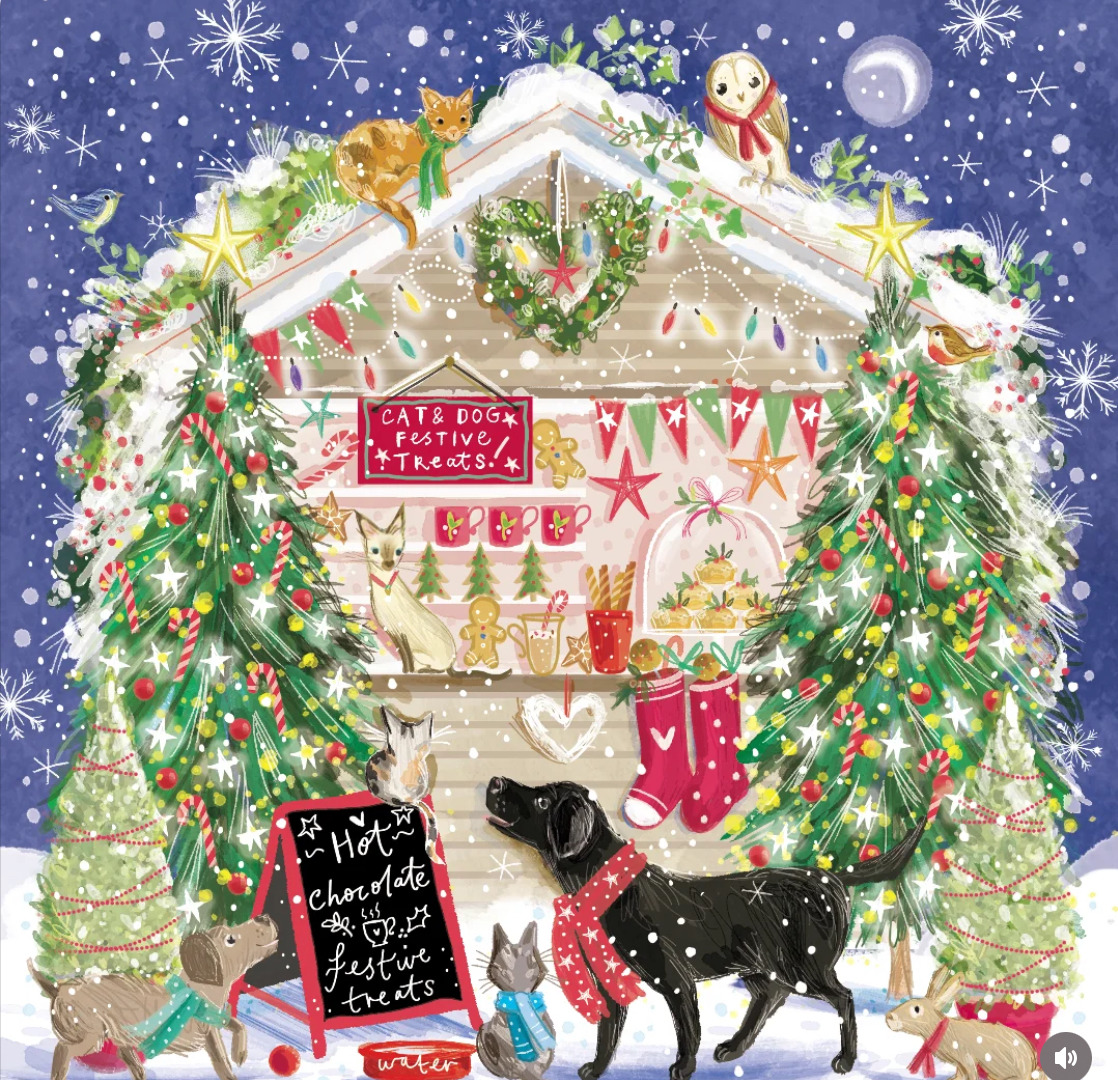 Whimsical Christmas bakery with decorated trees, snowman, black dog, and holiday decorations in falling snow