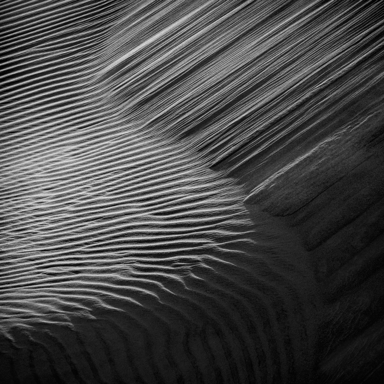 Abstract black and white photograph of rippled sand dunes with parallel lines creating wave patterns in dramatic lighting