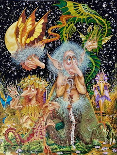 Ornate fantasy creatures with elaborate feathered headdresses and natural adornments in a magical forest scene