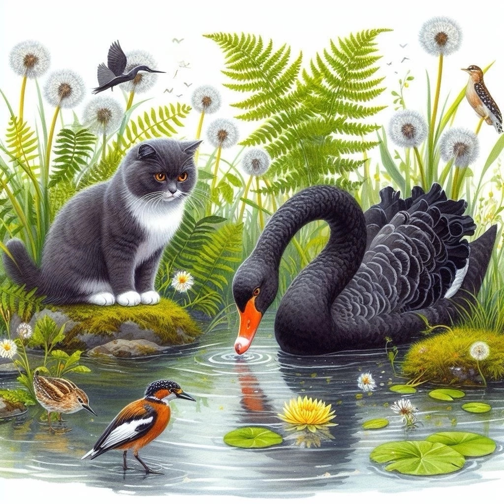 Gray kitten with black swan in pond with ferns, flowers and birds