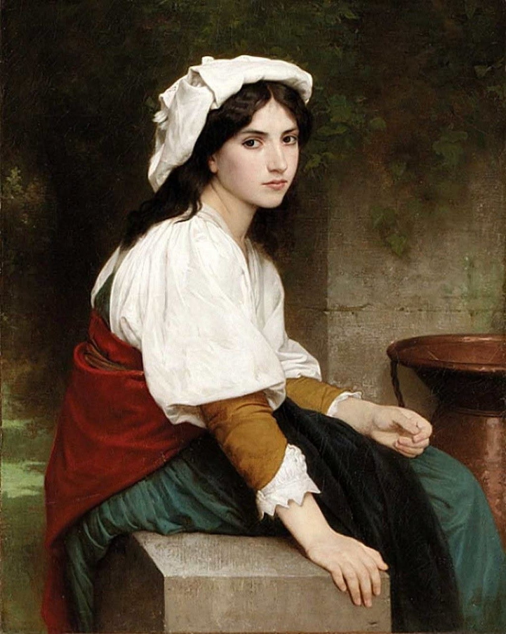 Oil painting of young woman in white headscarf and traditional dress seated on stone ledge